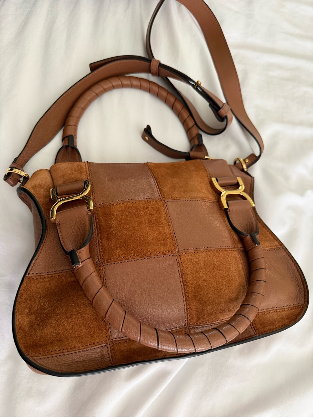 The Chloé Marcie Leather & Suede Patchwork Satchel in Dusty Tan NWT - Picture 12 of 17